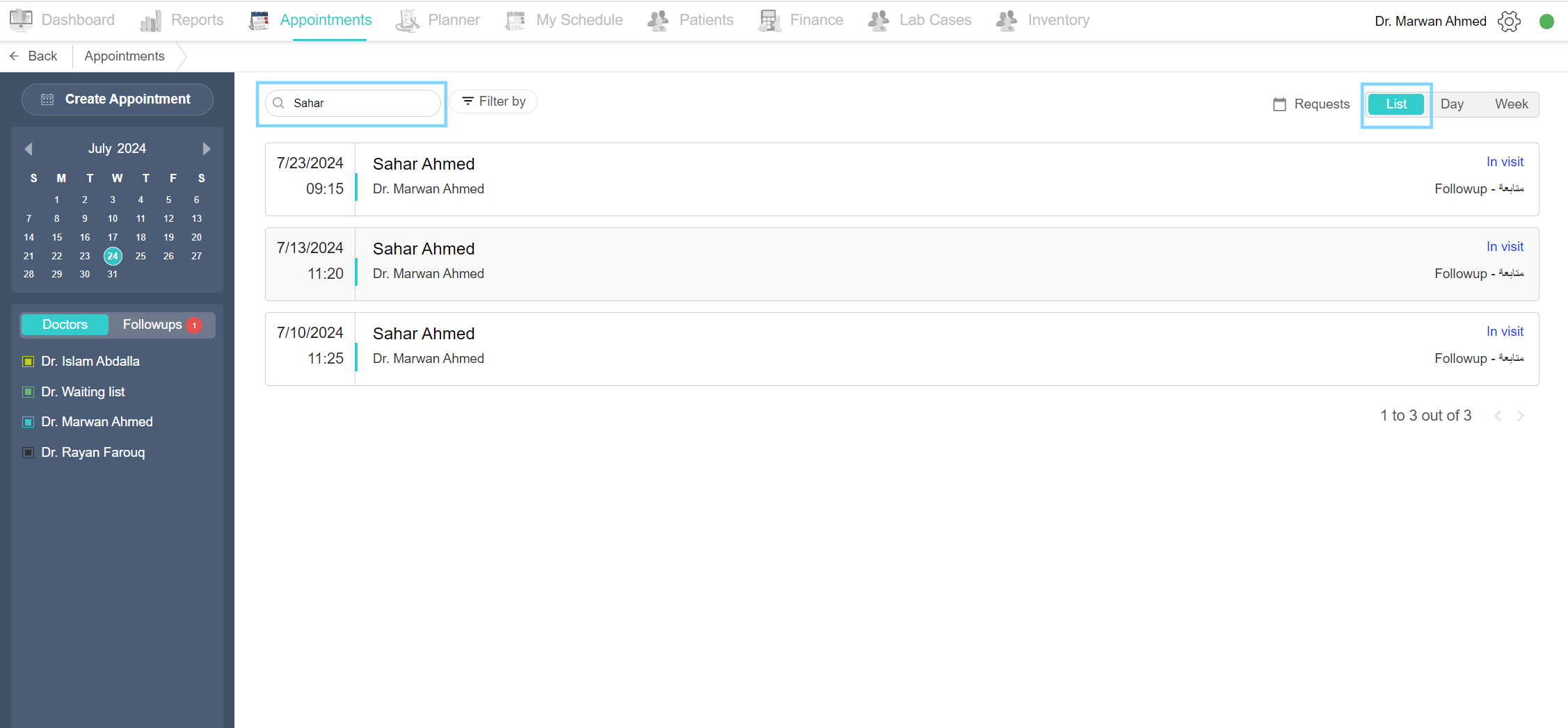 List view of all appointments using search in the list view.png