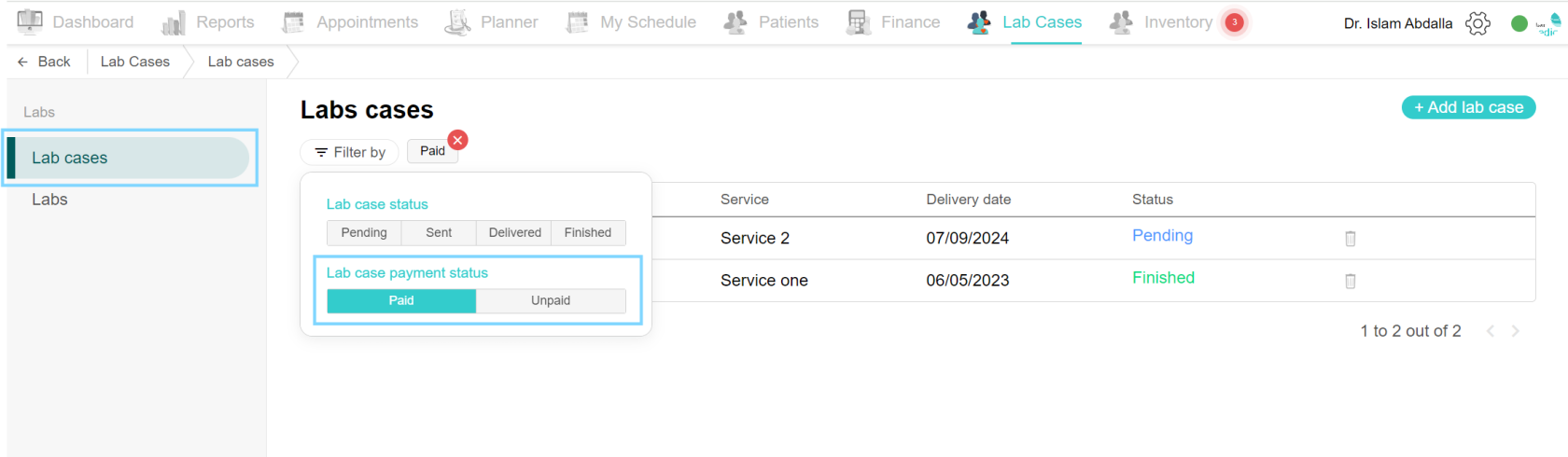 Filter by lab case payment status.png
